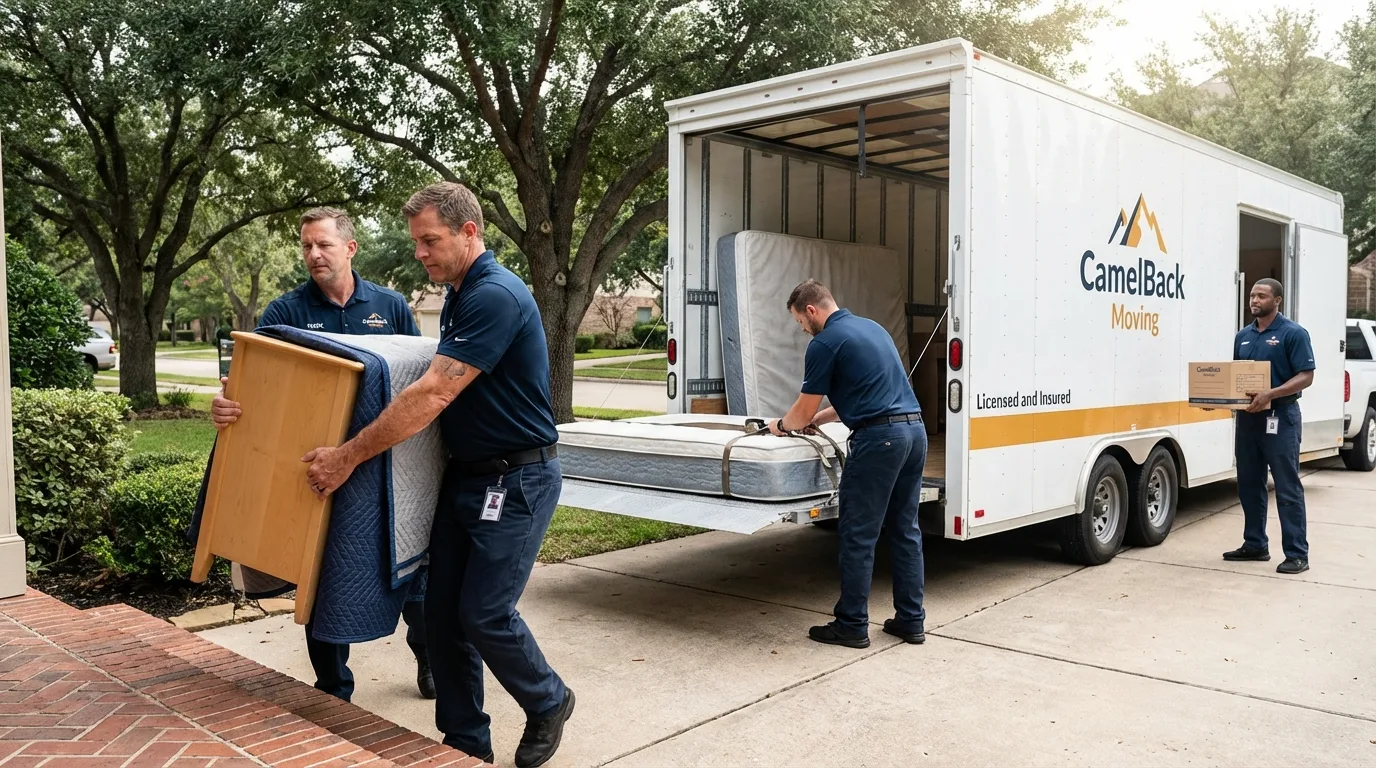 Crew loading residential truck for cross-state move from Brookdale, CA