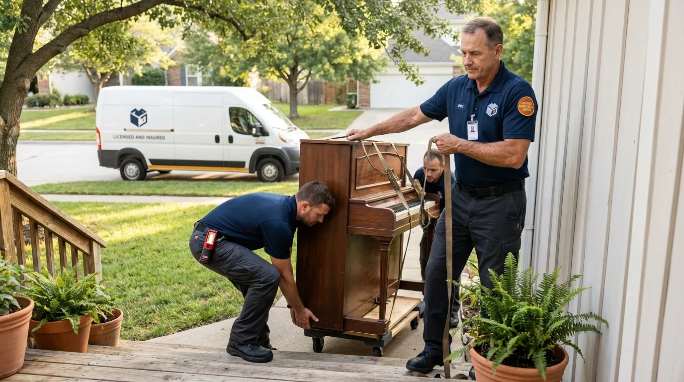 Licensed piano movers securing grand piano in Brookdale, CA