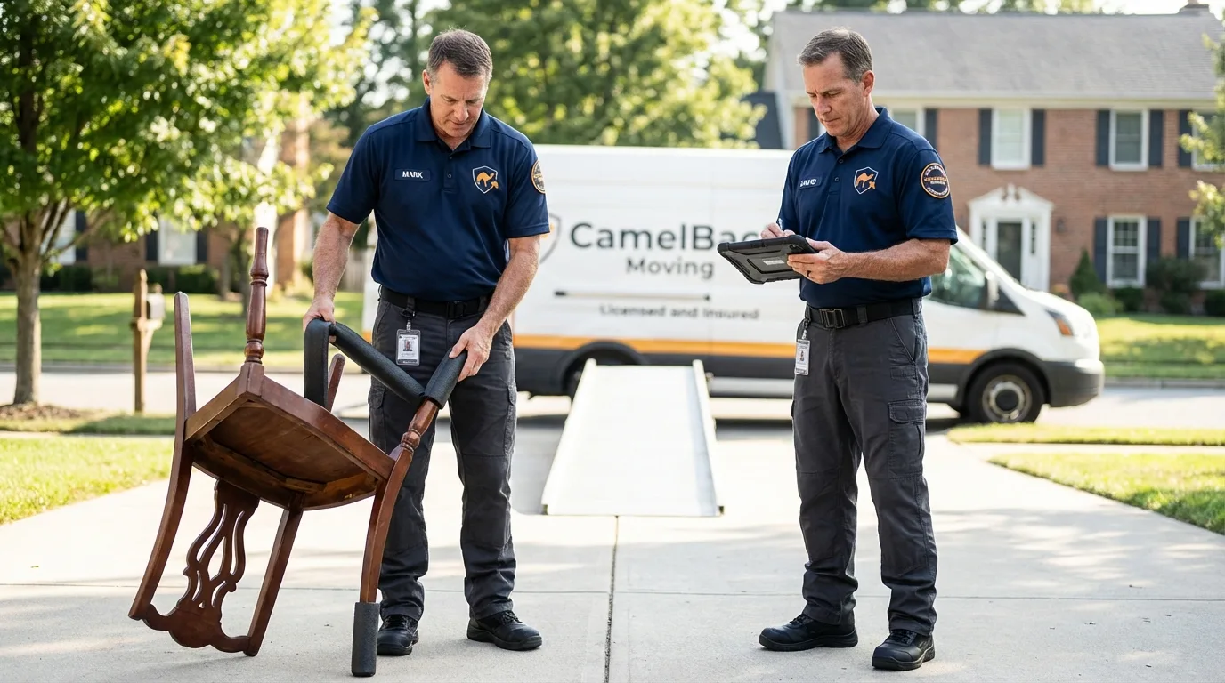Movers inspecting furniture for damage prevention before loading in Brookdale, CA