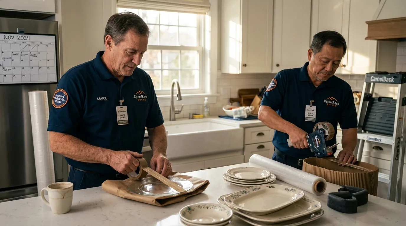 Professional crew packing kitchen dishware in Brookdale, CA